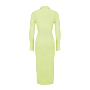 Detail of light green ribbed knit texture on a long sleeve slim fit maxi dress