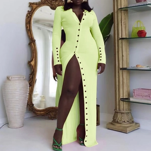 Neon green long sleeve knitted maxi dress with button down front and side slit