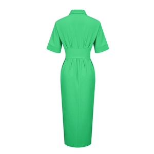 Back view of high waist bright green short sleeve polo shirt dress with a cinched waist detail