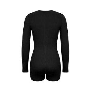 Back view of a black tight long sleeve romper showing sleek fit and seam detail