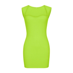 Dettaglio mini abito bodycon verde neon in tessuto a costine con scollo a cuore