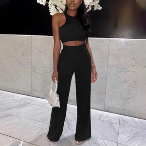 Women sleeveless cropped top and high waist wide leg pants two-piece set in black