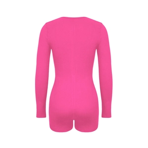 Detail view of the back of a slim fit rose pink long sleeve romper in ribbed fabric