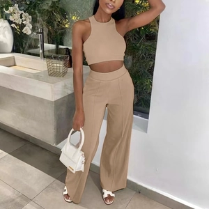 Women's summer ribbed two-piece set featuring sleeveless crop top and wide-leg pants