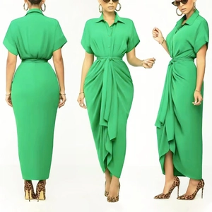 Elegant emerald green short sleeve polo shirt dress with belted waist and draped hem