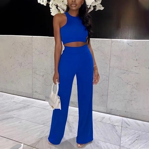 Women's Sexy Casual Solid Color Polyester Top And Bottom Patchwork Sleeveless Crop Top and Wide Leg Pants Summer Outfit