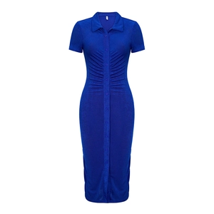 Detail of royal blue short sleeve midi dress with ruched waist and polo collar design
