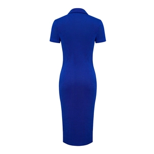 Rear view of a slim-fit royal blue polo dress featuring knitted textured fabric detail