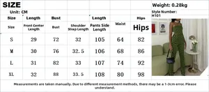 Detailed size chart for printed crop top and wide leg pants set including S to XL measurements