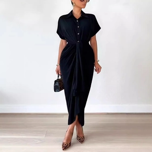 Women Short Sleeve Polo Neck Button Front Midi Dress With Waist Tie Ruched Solid Color Elegant Shirt Dress For Summer Casual
