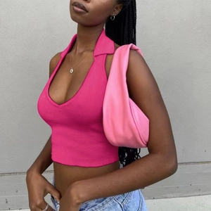 Sexy Geripptes Halterneck Crop Top Für Damen Mit Polo-Revers Schlanke Passform Ärmelloses Einfarbiges Strick Tanktop Sommer
