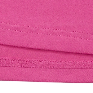 Detail of rose red knit dress showing high-quality double-needle hem and overlock stitching