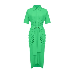 Elegant bright green short sleeve midi polo dress with button-up front and pleated waist tie