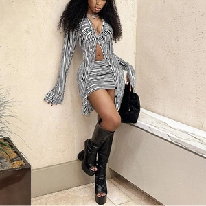 Women Deep V Neck Striped Ruched Shirt And Mini Skirt Clothing Outfit Long Sleeve Single Breasted Slim Fashion Lady Suit
