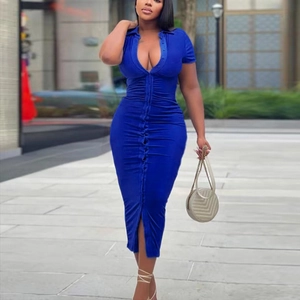 Detail of royal blue midi dress featuring ruched front, polo collar, and slim fit design