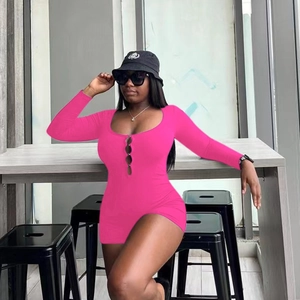 Slim fit bright pink long sleeve romper with hollow out button detail for women