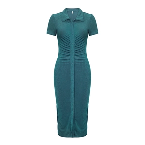 Detail view of the deep teal polo collar dress with button front and waist pleats