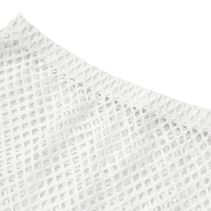 Detailed close-up of white breathable mesh fabric with honeycomb knit texture and stitching