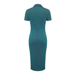 Rear view detail of dark green slim fit knit dress with classic collar and short sleeves