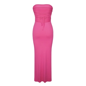Elegant rose red strapless maxi dress with a slim fit and criss-cross backless tie design