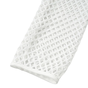 Close-up of the intricate white fishnet mesh fabric and detailed hem of the sleeve