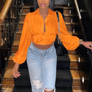 Damen Sexy Einfarbig Laternenärmel Crop Top Hemd Umlegekragen Geraffte Bustier Bluse Einreihig Streetwear Mode