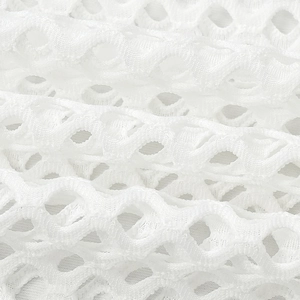 Macro detail of white hollow wave knit mesh fabric with intricate lace texture for women outfit