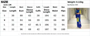Detailed size chart for women's printed long sleeve crop top and bodycon skirt set
