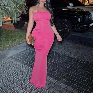 Women Sexy Strapless Backless Bodycon Maxi Dress Hot Pink Rose Red Sleeveless Slim Fit Party Evening Tie Back Long Dress