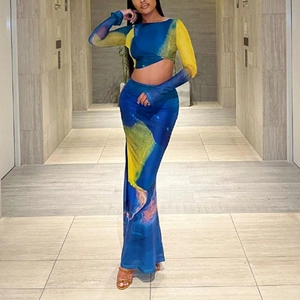 Women's 2-piece marble print set with long sleeve crop top and bodycon maxi skirt