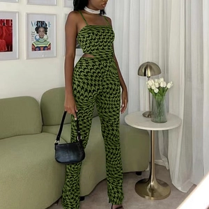 Women Sexy Printed Two Piece Set Spaghetti Strap Crop Top And Wide Leg Flare Pants Abstract Geometric Streetwear Outfits
