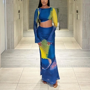 Women's Abstract Printed Long Sleeve Round Neck Crop Top And High Waist Slim Fit Maxi Skirt Top And Bottom Outfits