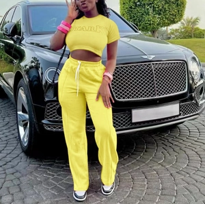 Costume Décontracté pour Femmes Imprimé Lettres Stark Top Court Manches Courtes Et Pantalon Large Taille Haute Tenue de Sport