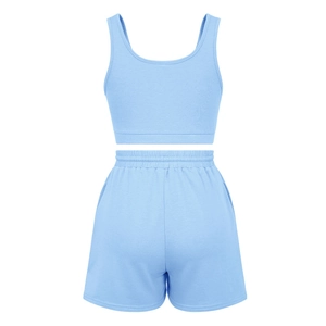 Detail of sky blue knit crop top and high waist shorts with side pockets and elastic waist