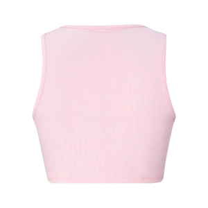 Vue arrière détaillée d'un débardeur en maille côtelée rose clair avec texture et col en U