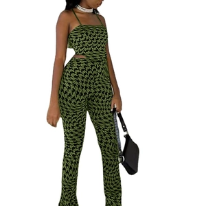 Women's two-piece set featuring a cropped camisole and wide-leg pants in dark green print