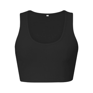 Détail de la maille côtelée et étiquette taille S sur débardeur noir à col en U