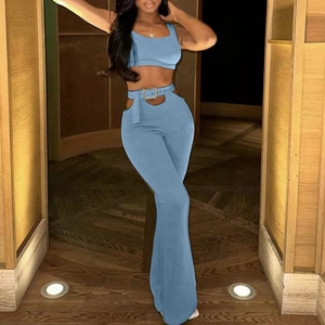Ensemble Mode Femme Sexy Maille Côtelée Sans Manches Col Carré Crop Top Et Pantalon Évasé Taille Haute Ajouré
