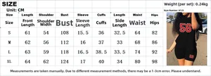 Detailed size chart with measurements for women's letter print T-shirt and shorts set