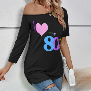 T-Shirt da Donna Retro Anni '80 con Spalle Scoperte Sexy Slim Fit Poliestere I Heart The 80's Stampa Top Mezza Manica Casual Festa