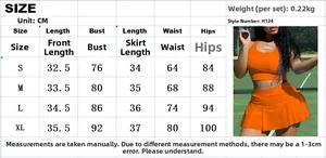 Detailed size chart for two-piece sports vest and skirt set with measurement details