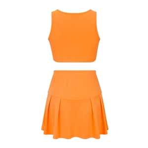 Detail of orange sports set featuring a racerback crop top and pleated mini tennis skirt