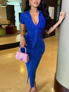 Slim fit royal blue pleated maxi dress with V-neckline and button detail for women