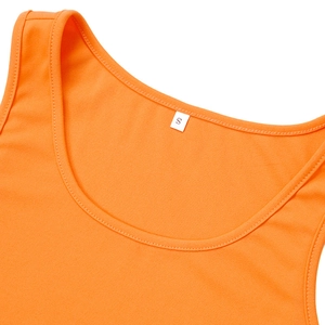 Detailed close-up of the orange athletic tank top neckline with size S fabric label
