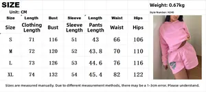 Detailed size chart for hooded sweatshirt and shorts set with length and bust measurements