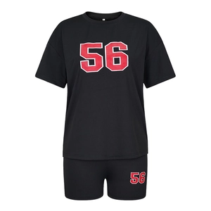 Detailed view of number 56 letter print on black cotton casual t-shirt and shorts set