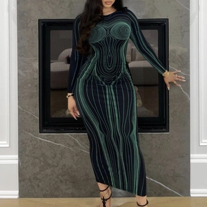Damen Sexy Langarm Bodycon Maxi Kleid Optische Illusion Körperkontur Druck Rundhals Rückenfrei Riemchen Club Party Kleid