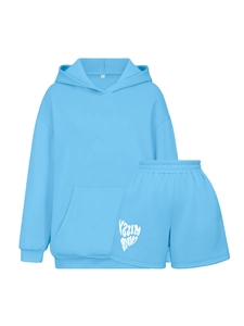 Detail of light blue tracksuit showing long sleeve hoodie and logo shorts on white background