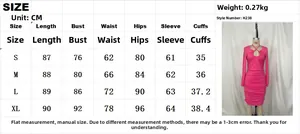 Detailed size chart for sexy V-neck long sleeve ruched mini dress in rose pink