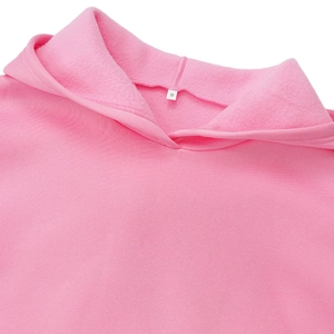 Detail of pink hoodie neckline with soft fleece lining and size S woven label inside